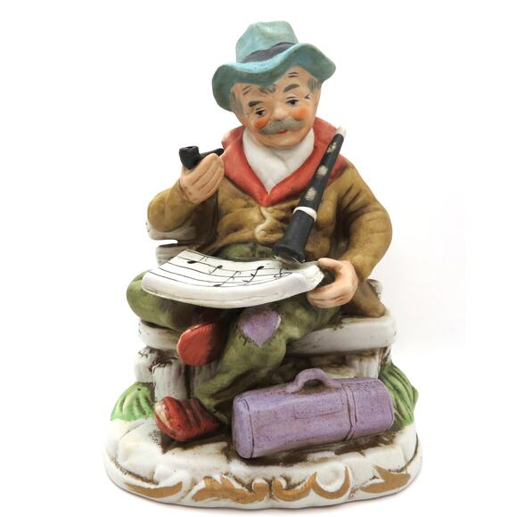Vintage Chalkware/Ceramic Musician Figurine Old Man with Pipe and Clarinet 8" - Picture 1 of 9